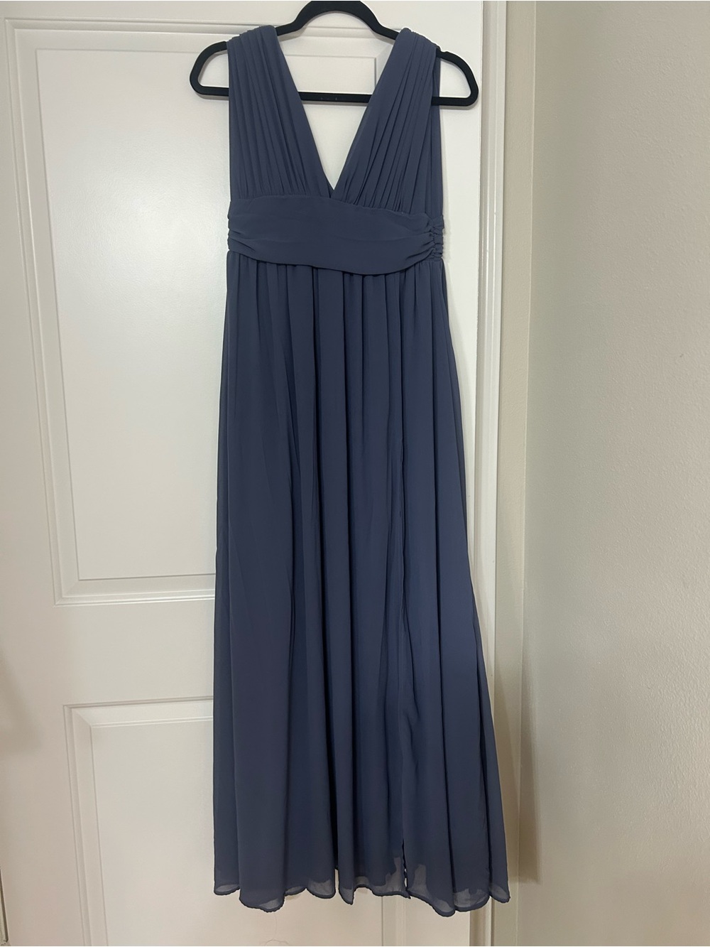 Lulu's Slate Blue V-Neck Pleated Chiffon Maxi Dress